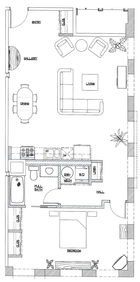 Floor plan for 1 bed, 1 bath, 1270 sqft